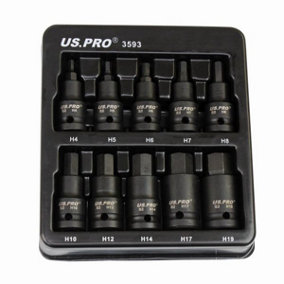 US PRO Tools 10pc Impact Hex Bit Socket Set 1/2" Drive 4mm To 19mm 3593