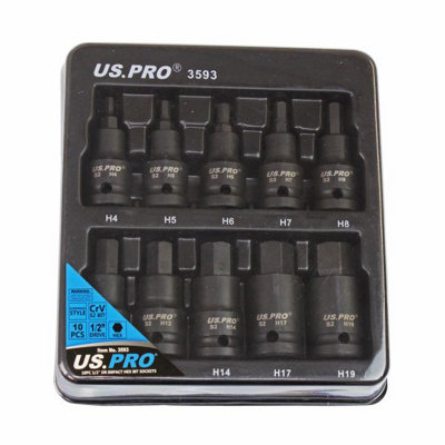 US PRO Tools 10pc Impact Hex Bit Socket Set 1/2" Drive 4mm To 19mm 3593