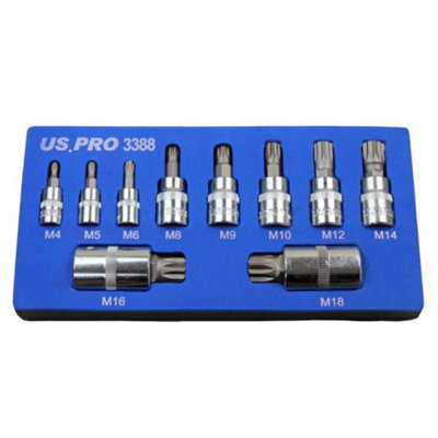 US PRO Tools 10pc Triple Square Spline Bit Sockets In Foam Tray 3388