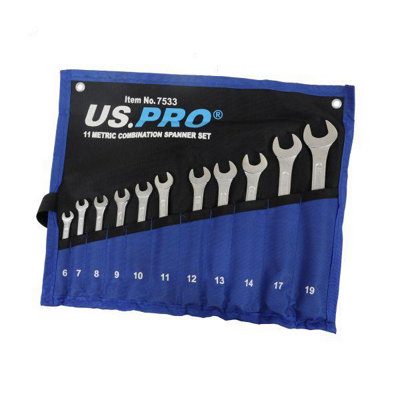 US PRO Tools 11-Piece Metric Combination Spanner Wrench Set - 6-14, 17, 19mm - Model 7533