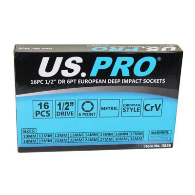 US PRO Tools 16PC 1/2" Deep Impact Sockets In EVA Foam 6PT 10 - 32mm 3836 - 3