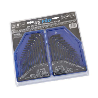 US PRO Tools 30PC Metric And Imperial Hex Allen Key Set 0.7-10mm 0.028-3/8 - 1631