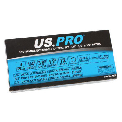 US PRO Tools 3pc Flexible Extendable Ratchet Set 1/4
