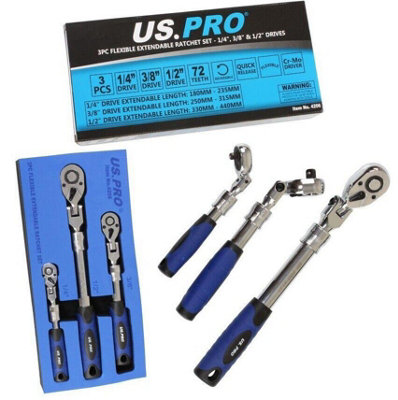 US PRO 1/2 Inch Drive Extendable Ratchet – Extends 12 To 18 Inches, 72-Tooth, Chrome Vanadium Steel