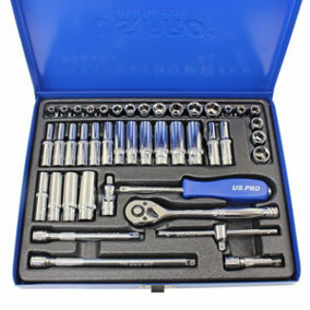 US PRO Tools 43pc 1/4" dr Metric & AF, Imperial Socket Set, Ratchet, Bars, 3539