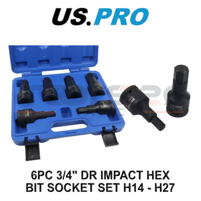 US PRO Tools 6pc 3/4" dr Impact Hex Allen Bit Socket Set Sockets 14 - 27mm 3770