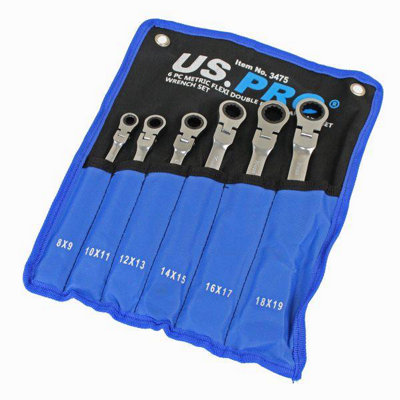 US PRO Tools 6pc Metric Flexi Double Ring Gear Ratchet Spanner Wrench Set 8-19mm 3475