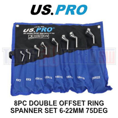 US PRO Tools 8 Piece Double Offset Ring Spanner Wrench Set 6-22MM 75DEG 3529