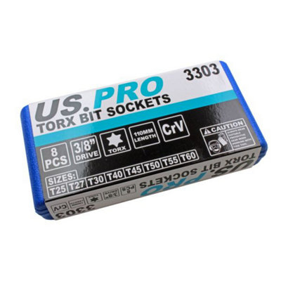 US PRO Tools 8Pc 3/8" Dr. 110mm Long Torx Bit Socket Set T25 to T60 3303