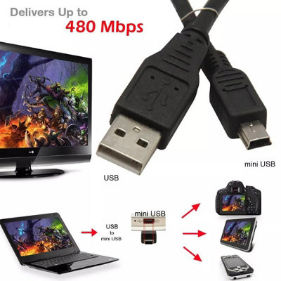 USB 2.0 Type A to Mini-B Cable, 5-Pin Data Sync Cord, Black