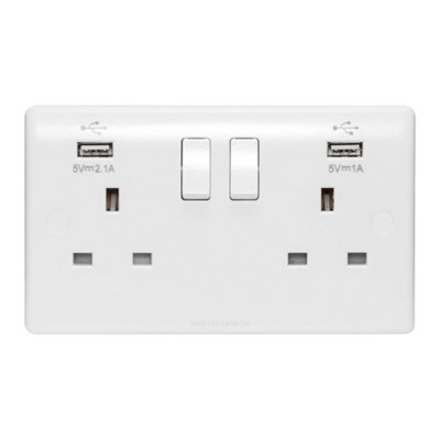 USB Double Wall Plug Socket With 2 USB Charger Port Outlets White ...