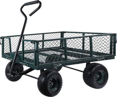 Utility Steel Garden Cart Trolley 350kg Heavy Duty Black Mesh Gardeners Wagon, Folding Sides, 10 inch Pneumatic Tyres