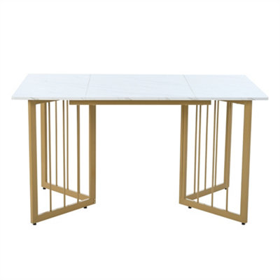 V-shaped Support Legs Rectangular Dining Table in Modern Marble Pattern Kitchen Table with Adjustable Feet, White/Golden