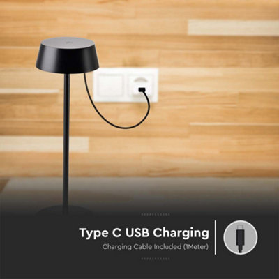 V-TAC Rechargeable Table Lamp Black Round LED USB Dimmable Light - 6