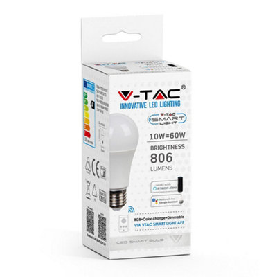 V-TAC VT2751 10W A60 Bulb Compatible With Alexa & Google Home Rgb White E27