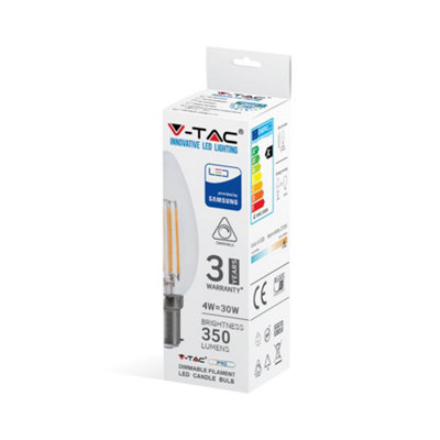 V-TAC VT862 4W Candle Filament Bulb -Clear Glass Samsung Chip 3000K B15 Dimmable (VT-284D)