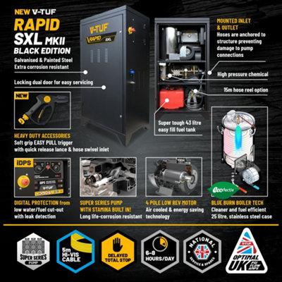V-TUF RAPID SXL BE- 240V - 12 l/min 100 BAR STATIC HOT PRESSURE WASHER BLACK EDITION Cabinet - 7