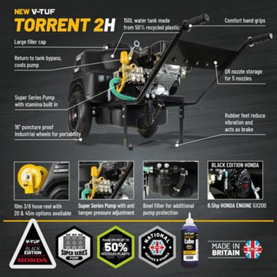 V-TUF TORRENT 2H Industrial 5.5HP Petrol 150L Barrow Bowser Pressure Washer 150BAR 13 Litres per minute - HONDA GX160 - 3