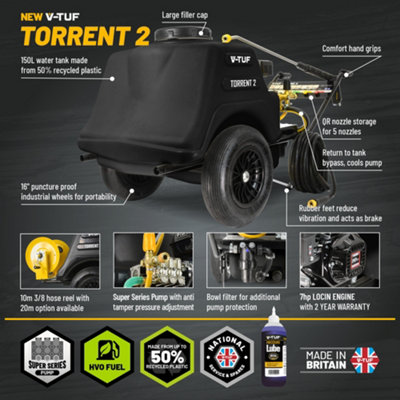 V-TUF TORRENT2 2755psi, 190 Bar, 13Lpm Industrial 7HP 150Litre Mini-Bowser Petrol Pressure Washer
