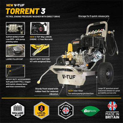 V-TUF TORRENT3 4000 psi, 275BAR 15 lpm Industrial 15HP Petrol Pressure Washer