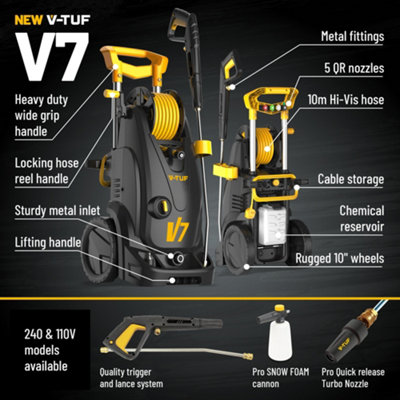 V-TUF V7 110v 150Bar, 7L/min Tough DIY Site Electric Pressure Washer - With Professional Accessories & 10M Hose Reel
