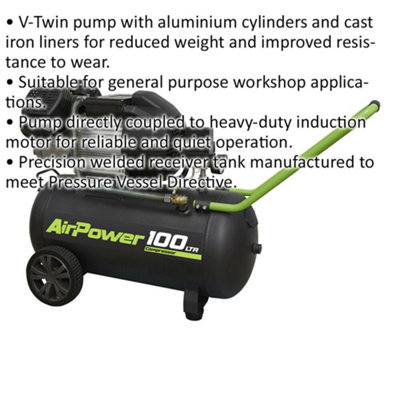 V-Twin Direct Drive Air Compressor - 100L Capacity Tank - 3hp Induction Motor