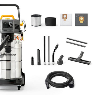 Vacmaster 38L M Class Dust Extractor with Power Take Off & Push Clean Filter - Industrial Wet Dry Vac, 240V, 1500W, Corded, Silver