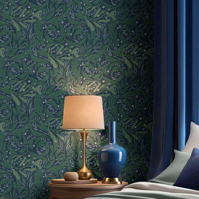 Vale Leaf Green / Blue Wallpaper Muriva 221501
