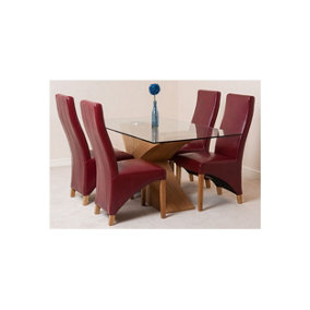 Valencia 160 cm x 90 cm Glass Dining Table and 4 Chairs Dining Set with Lola Burgundy Leather Chairs