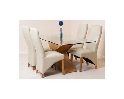 Valencia 160 cm x 90 cm Glass Dining Table and 4 Chairs Dining Set with Lola Ivory Leather Chairs