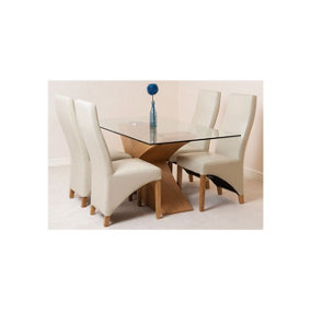 Valencia 160 cm x 90 cm Glass Dining Table and 4 Chairs Dining Set with Lola Ivory Leather Chairs