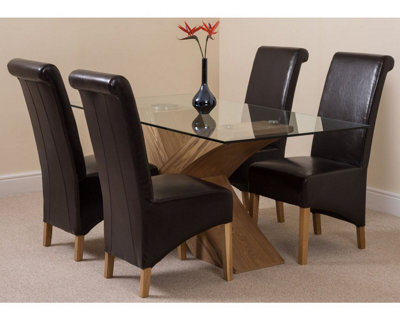 Valencia 160 cm x 90 cm Glass Dining Table and 4 Chairs Dining Set with Montana Brown Leather Chairs
