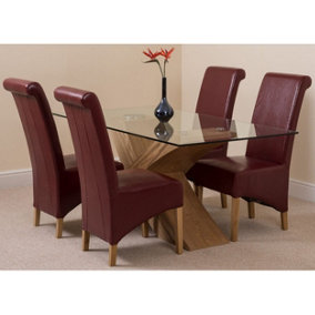 Valencia 160 cm x 90 cm Glass Dining Table and 4 Chairs Dining Set with Montana Burgundy Leather Chairs