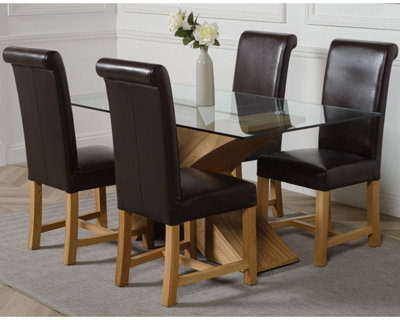 Valencia 160 cm x 90 cm Glass Dining Table and 4 Chairs Dining Set with Washington Brown Leather Chairs