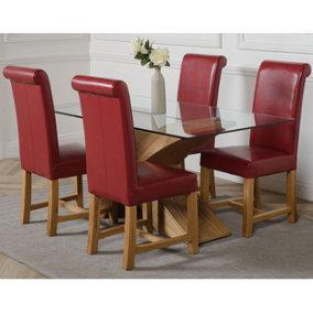 Valencia 160 cm x 90 cm Glass Dining Table and 4 Chairs Dining Set with Washington Burgundy Leather Chairs