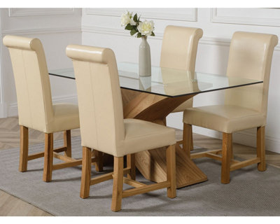 Valencia 160 cm x 90 cm Glass Dining Table and 4 Chairs Dining Set with Washington Ivory Leather Chairs