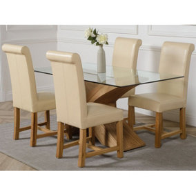 Valencia 160 cm x 90 cm Glass Dining Table and 4 Chairs Dining Set with Washington Ivory Leather Chairs
