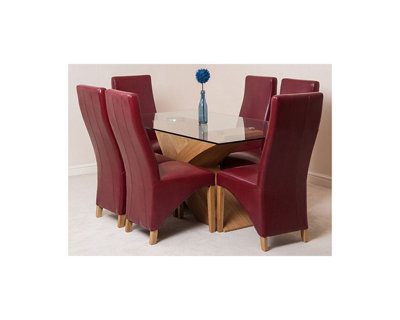 Valencia 160 cm x 90 cm Glass Dining Table and 6 Chairs Dining Set with Lola Burgundy Leather Chairs