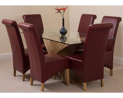 Valencia 160 cm x 90 cm Glass Dining Table and 6 Chairs Dining Set with Montana Burgundy Leather Chairs