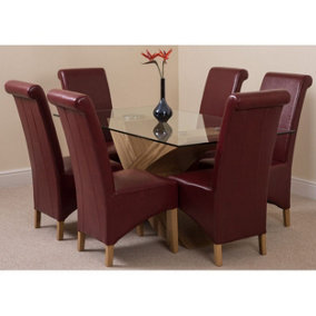 Valencia 160 cm x 90 cm Glass Dining Table and 6 Chairs Dining Set with Montana Burgundy Leather Chairs