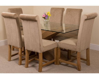 Valencia 160 cm x 90 cm Glass Dining Table and 6 Chairs Dining Set with Washington Beige Fabric Chairs
