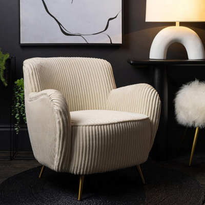 Valencia Armchair Cream Corduroy Linen Upholstered Fabric Brass Metal Legs