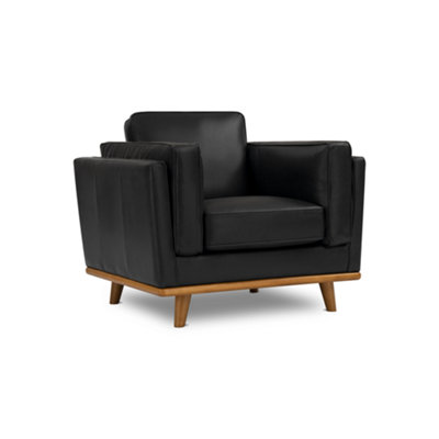 Valencia Artisan Leather Accent Chair Black Nappa Top Grain Leather Alder Wood Legs and Frame Fabric Backed Cushions