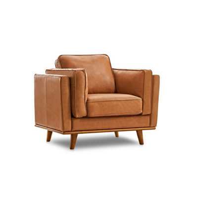 Valencia Artisan Leather Accent Chair Cognac Nappa Top Grain Leather Alder Wood Legs and Frame Fabric Backed Cushions