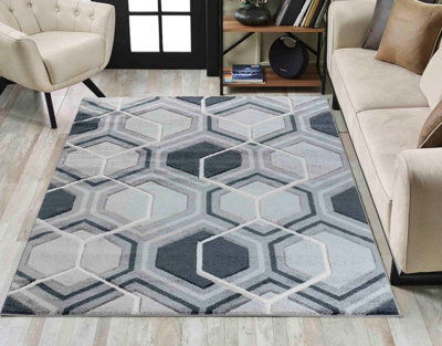 Valencia Modern Hexagon Design Carved Area Rugs Black 200x290 cm