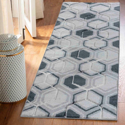 Valencia Modern Hexagon Design Carved Area Rugs Black 60x220 cm