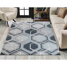 Valencia Modern Hexagon Design Carved Area Rugs Black 80x150 cm