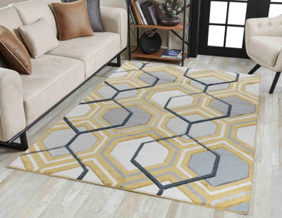Valencia Modern Hexagon Design Carved Area Rugs Gold 160x230 cm