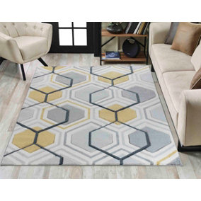 Valencia Modern Hexagon Design Carved Area Rugs Grey 120x170 cm