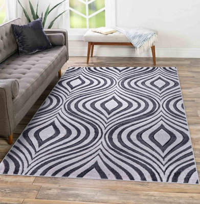 Valencia Modern Ogee Design Carved Area Rugs Dark Grey 60x220 cm